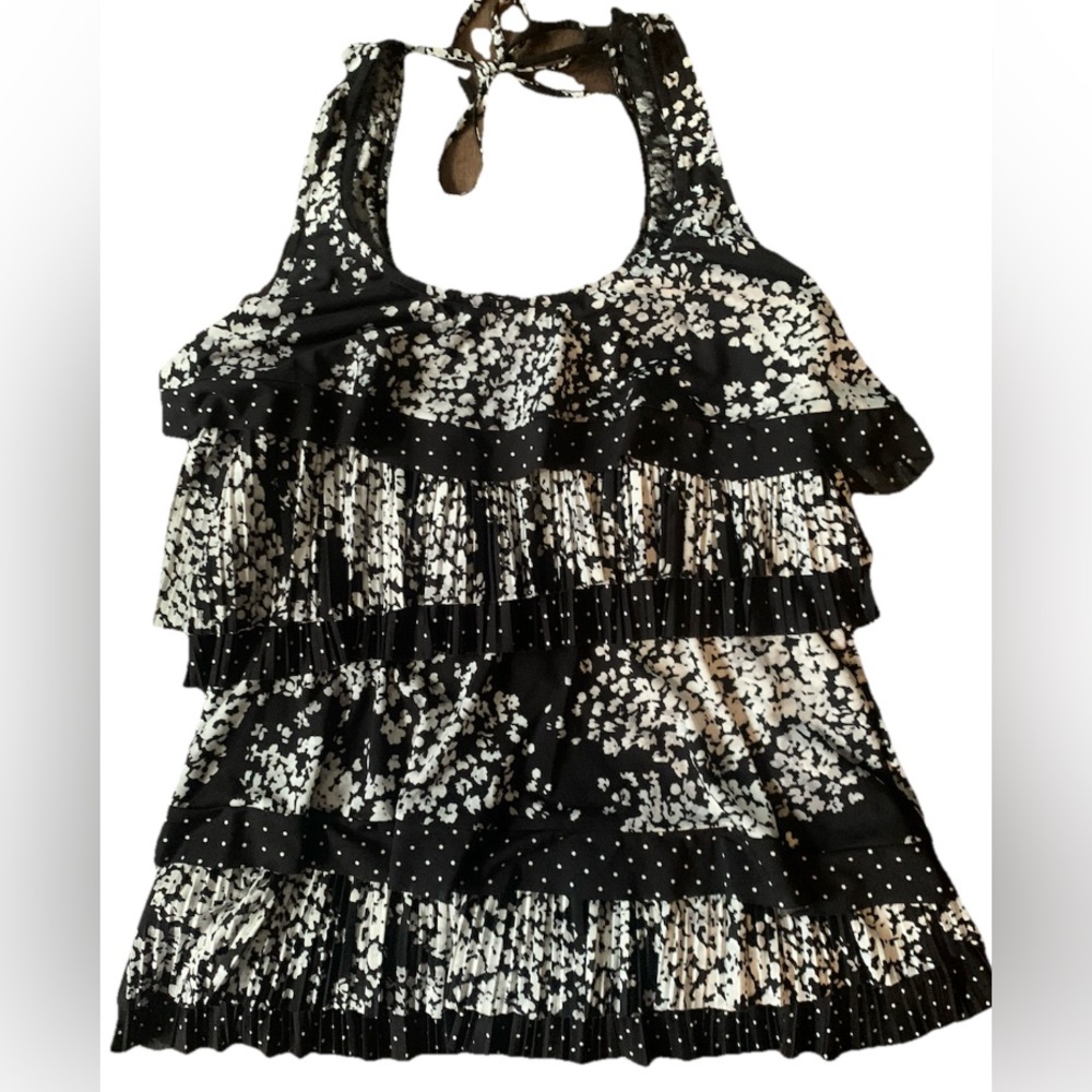 WHITE HOUSE BLACK MARKET Black White Floral Tiered Ruffle Halter Tank Top M